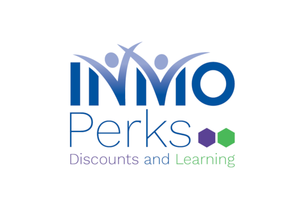 INMO perks logo and a group of female and male nurses standing outside in a group smiling